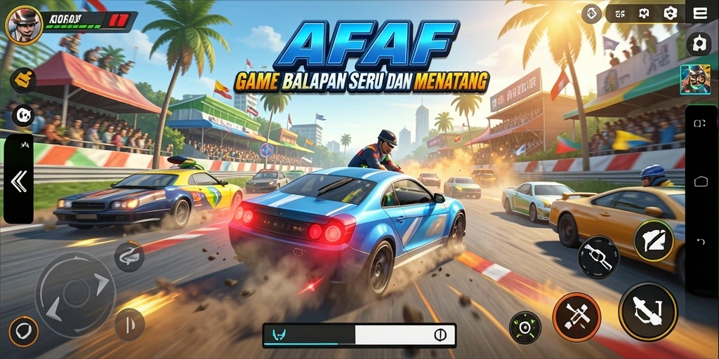 Screenshot gameplay AFAF yang menunjukkan aksi balapan seru.