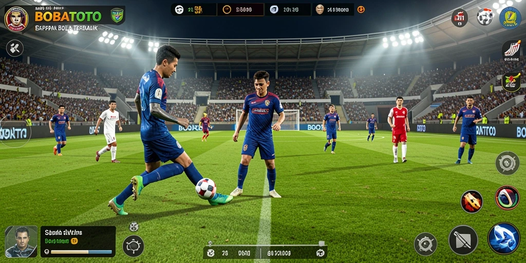 Tampilan gameplay seru di BOBATOTO dengan aksi sepak bola nyata.