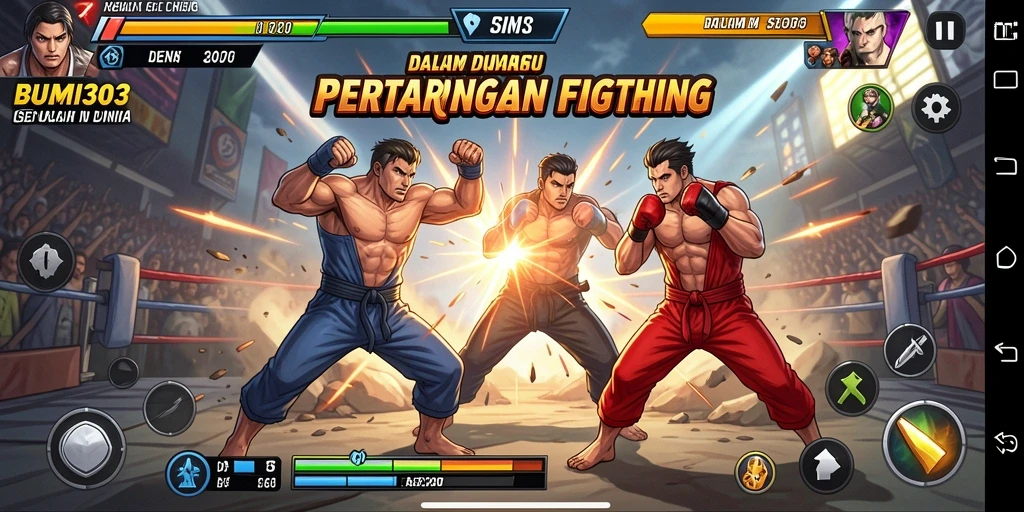 Screenshot utama BUMI303 menampilkan aksi pertarungan mendebarkan.