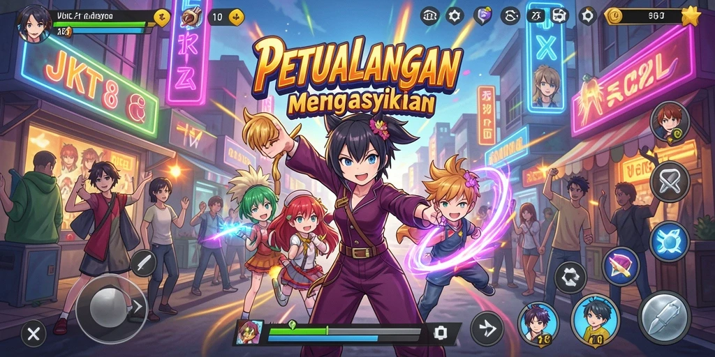 Screenshot utama JKT8 menampilkan aksi seru karakter Anime.
