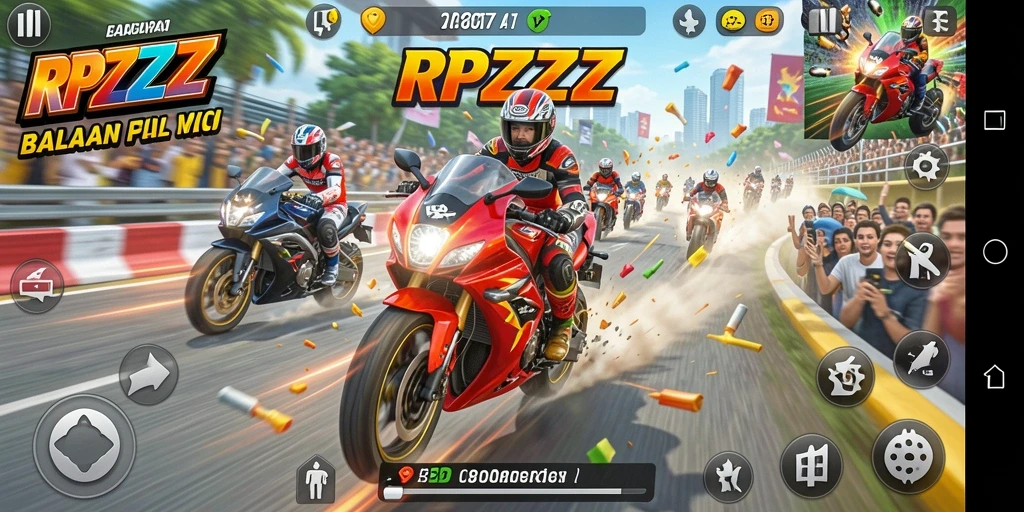 Gameplay menarik di <strong>RPZZZ</strong> menampilkan balapan motor yang intens.