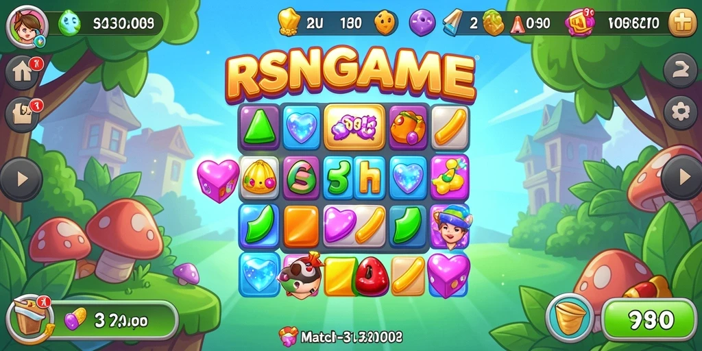 Tangkapan layar gameplay RSNGAME yang menampilkan kombinasi warna-warni permainan Match-3.