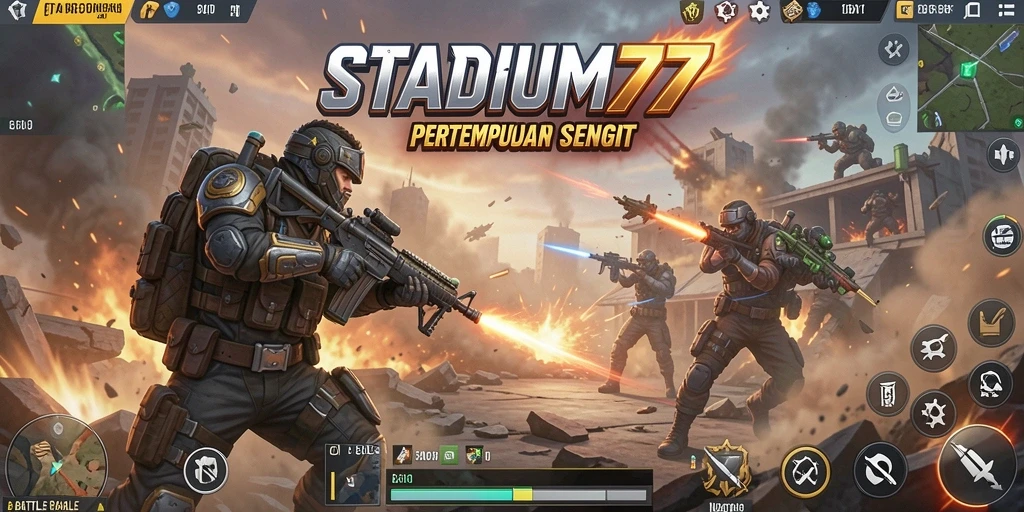 Tampilan intens gameplay Battle Royale STADIUM77 yang penuh aksi.