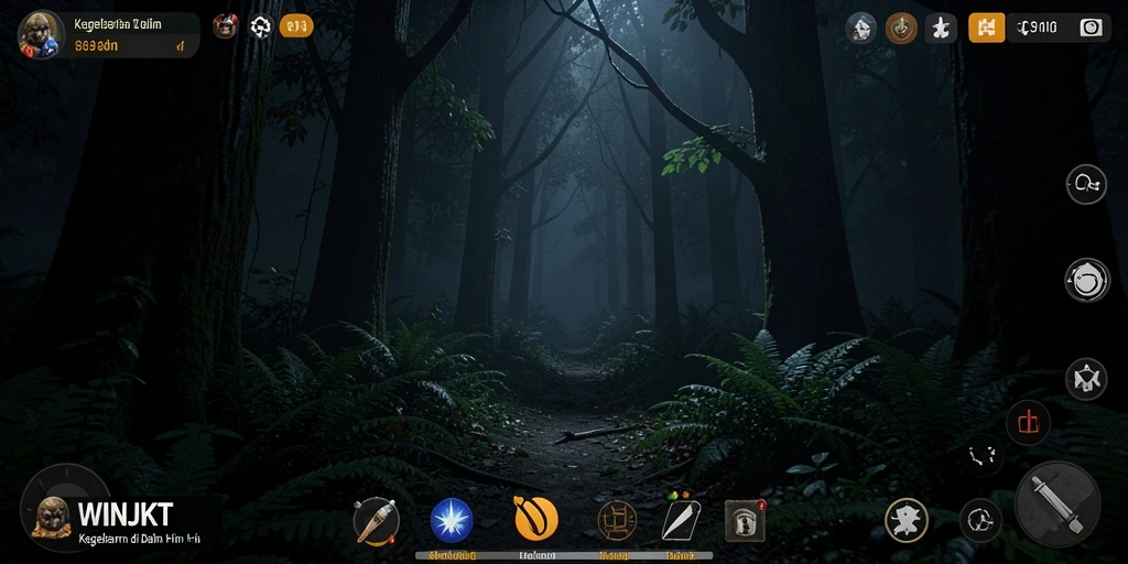 Screenshot gameplay WINJKT menampilkan suasana hutan yang menakutkan dan mencekam.